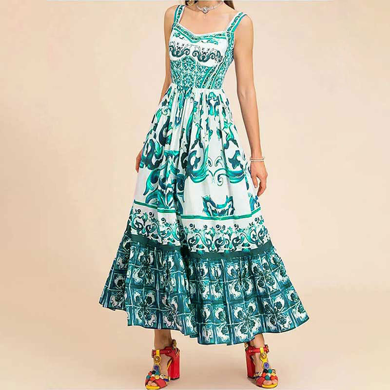 Green Placement Print Tiered Maxi Dress