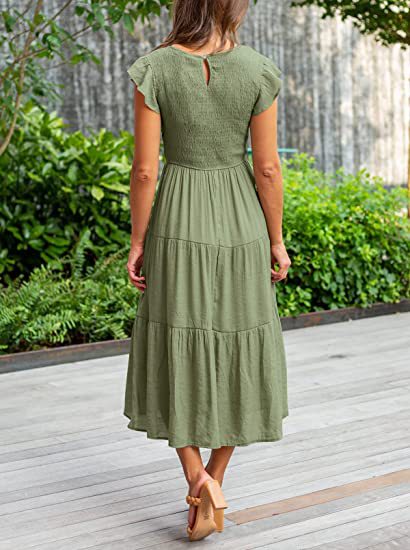 Green Solid Flutter Sleeved And Tiered Dress