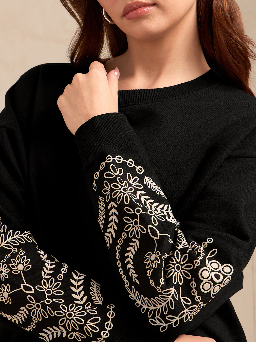 Black Sweatshirt with Textured Placement Sleeves