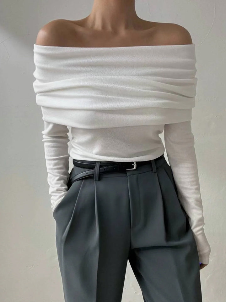 White Off-Shoulder Solid Sweater