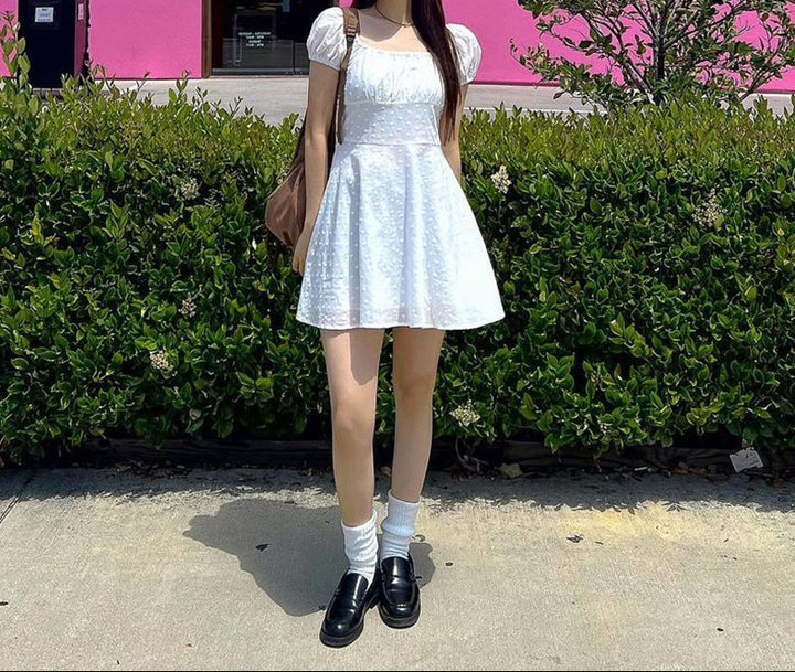 White Puff Sleeve Fit And Flare Mini Dress