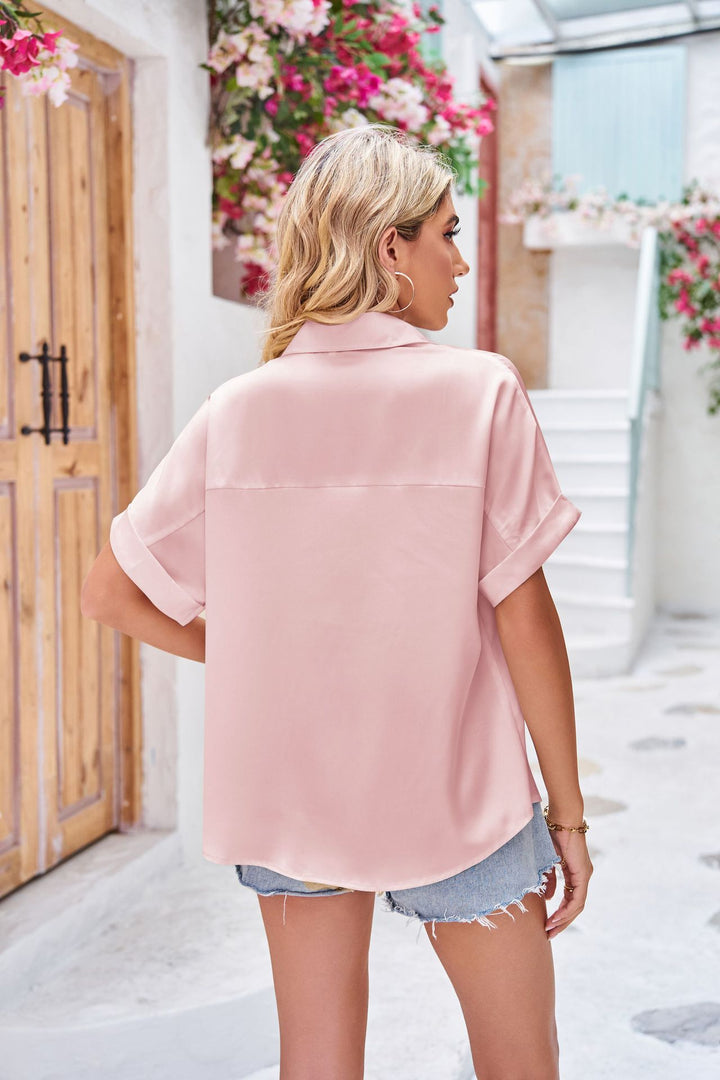 Pink Short Sleeves Front Button Shirt