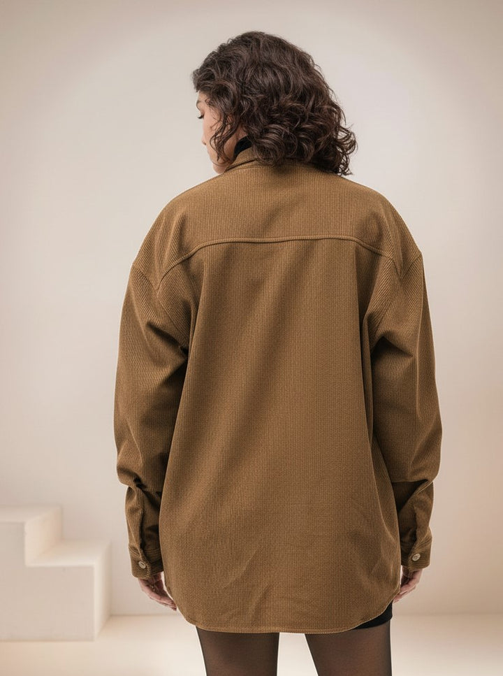 Brown Full Sleeve Double Pockets Corduroy Shirt