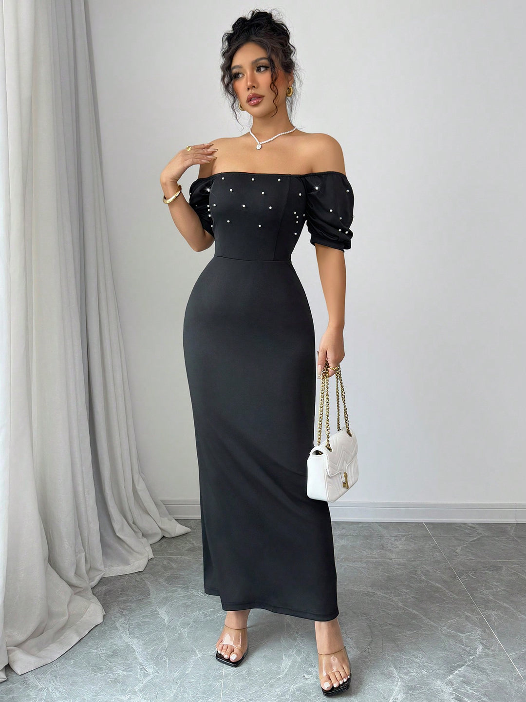 Black Off Shoulder Fitted Dress