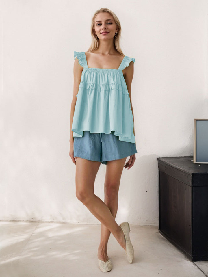 Blue Ruffle Sleeve Square Neck Top