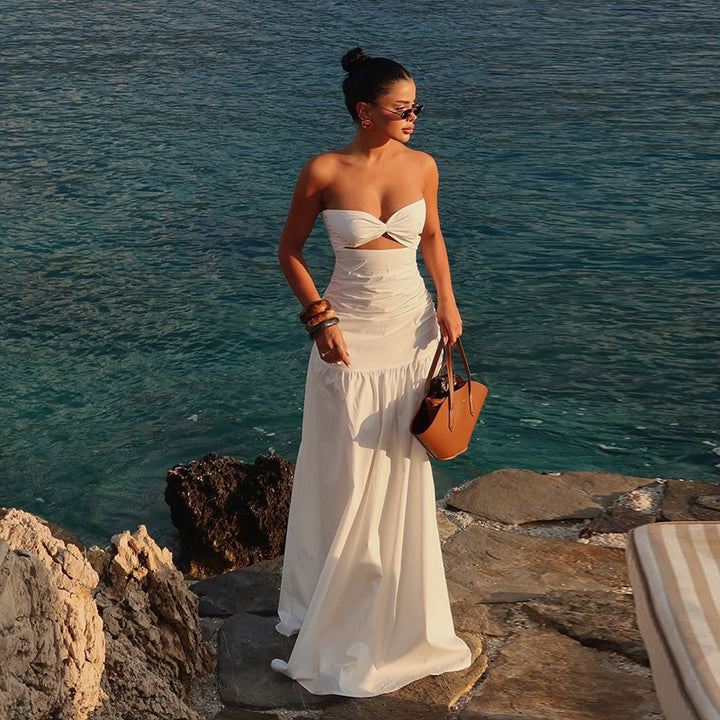 White Fitted Bust With Waist Cutout Maxi Dress