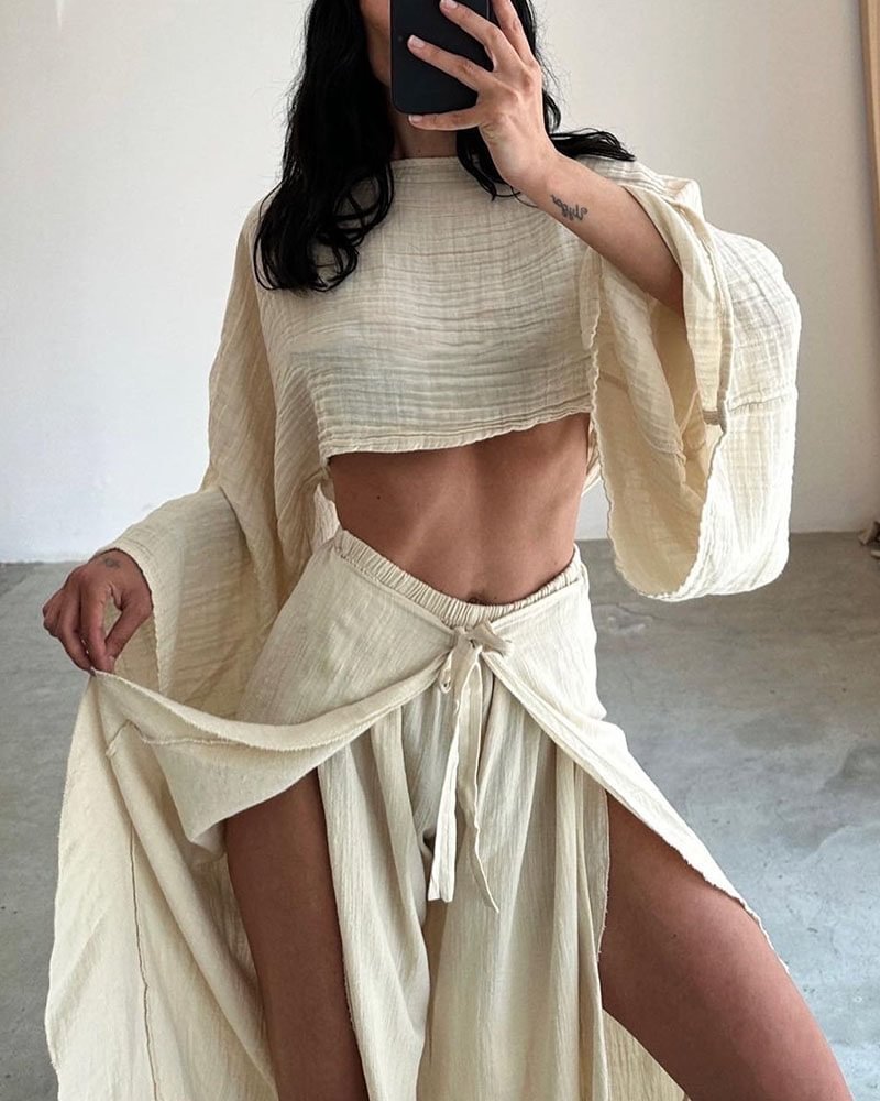 Beige Bell Sleeve Solid Top And Pant Set