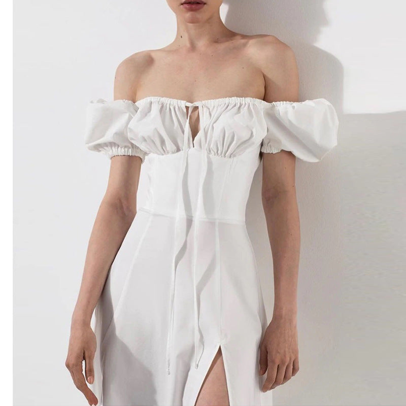 White Off Shoulder High Slit Maxi Dress