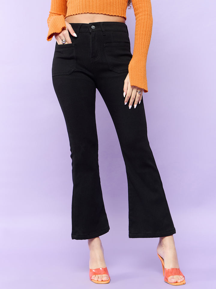 Patch Pocket Black Flared Denim