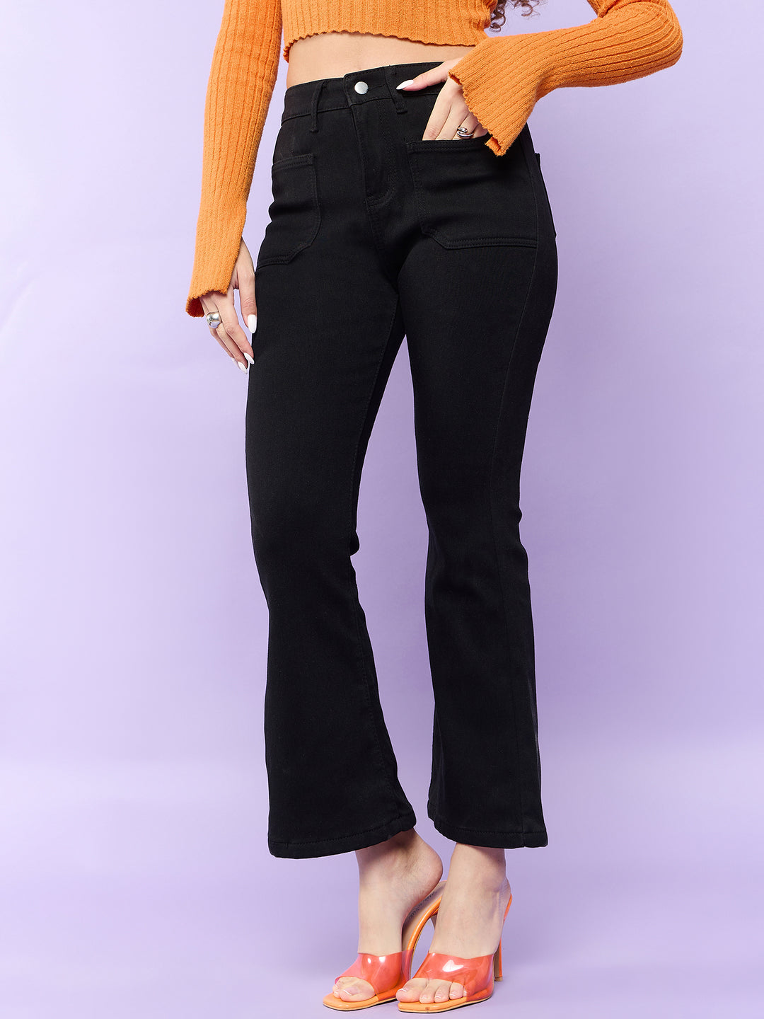 Patch Pocket Black Flared Denim