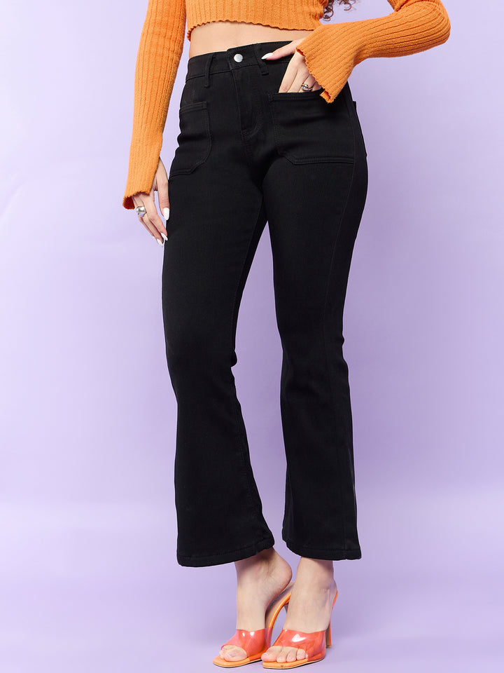 Patch Pocket Black Flared Denim