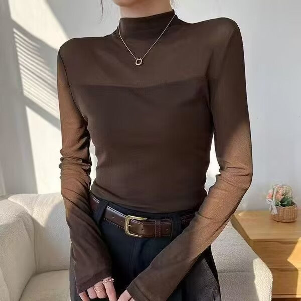 Brown High Neck Mesh Top