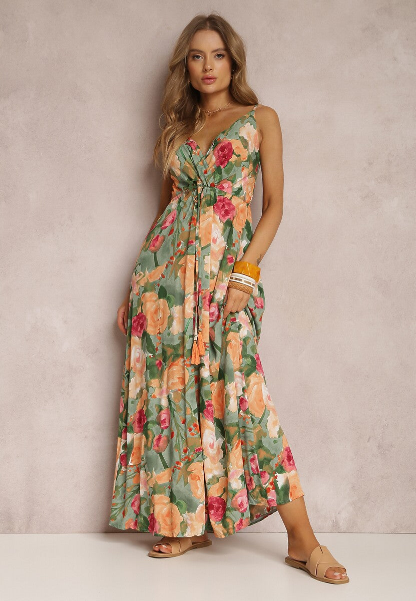 Green Shoulder Strap V Neck Printed Dress
