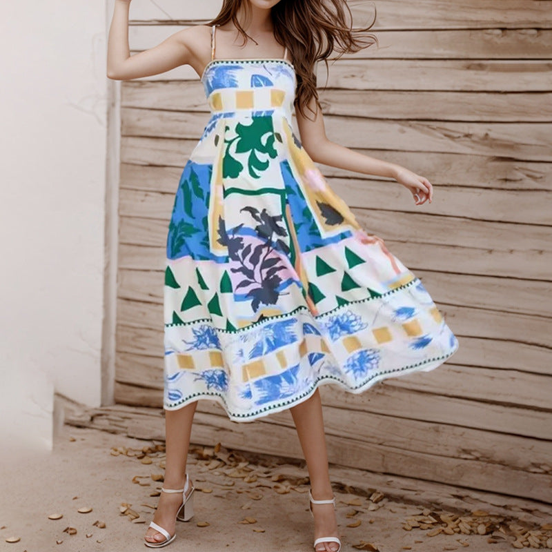 Light Blue Abstract Print Fit And Flare Maxi Dress