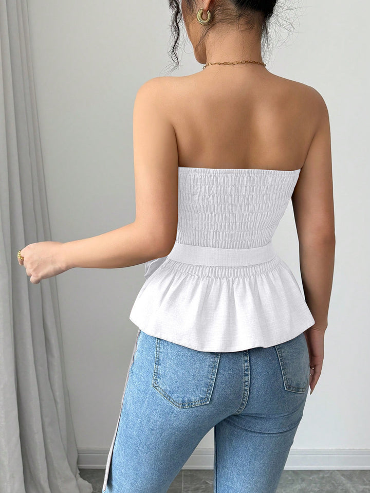 White Strapless Smocked Top