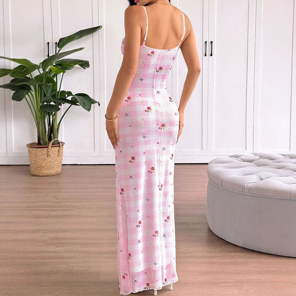 Pink Strappy Printed Maxi Dress