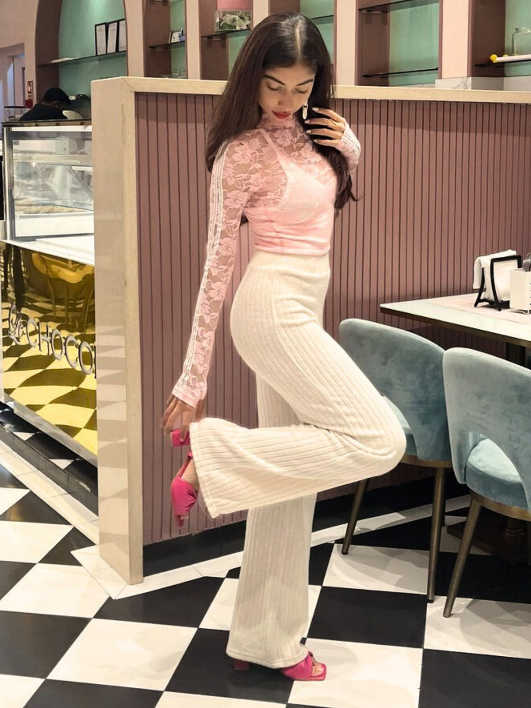 Beige Solid Rib Lounge Pants