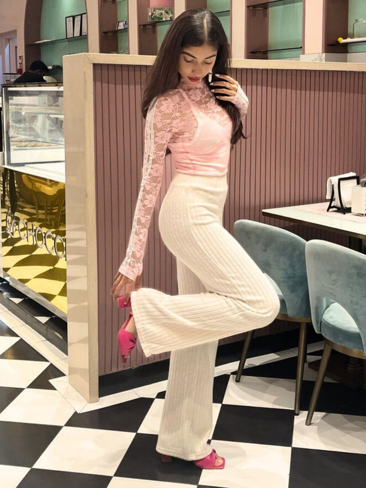 Beige Solid Rib Lounge Pants