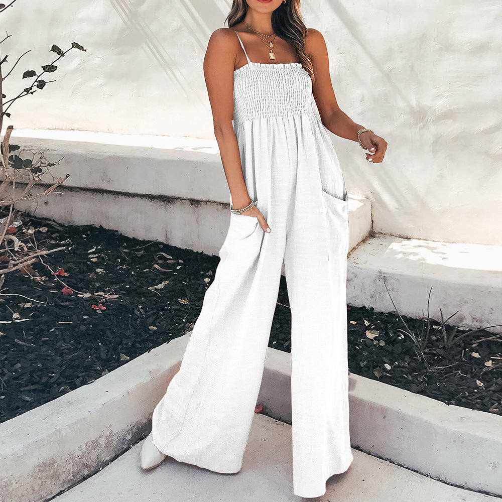 White Smocked Bust Straight Fit Bottom Jumpsuit