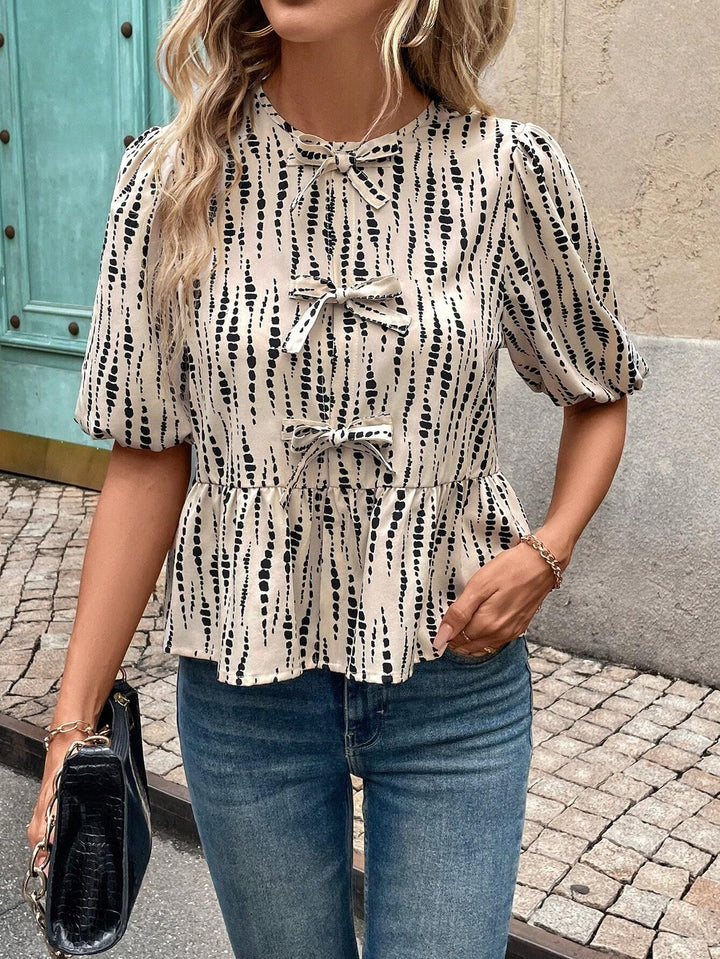 White Bishop Sleeves Front Bow Ruffle Hem Top