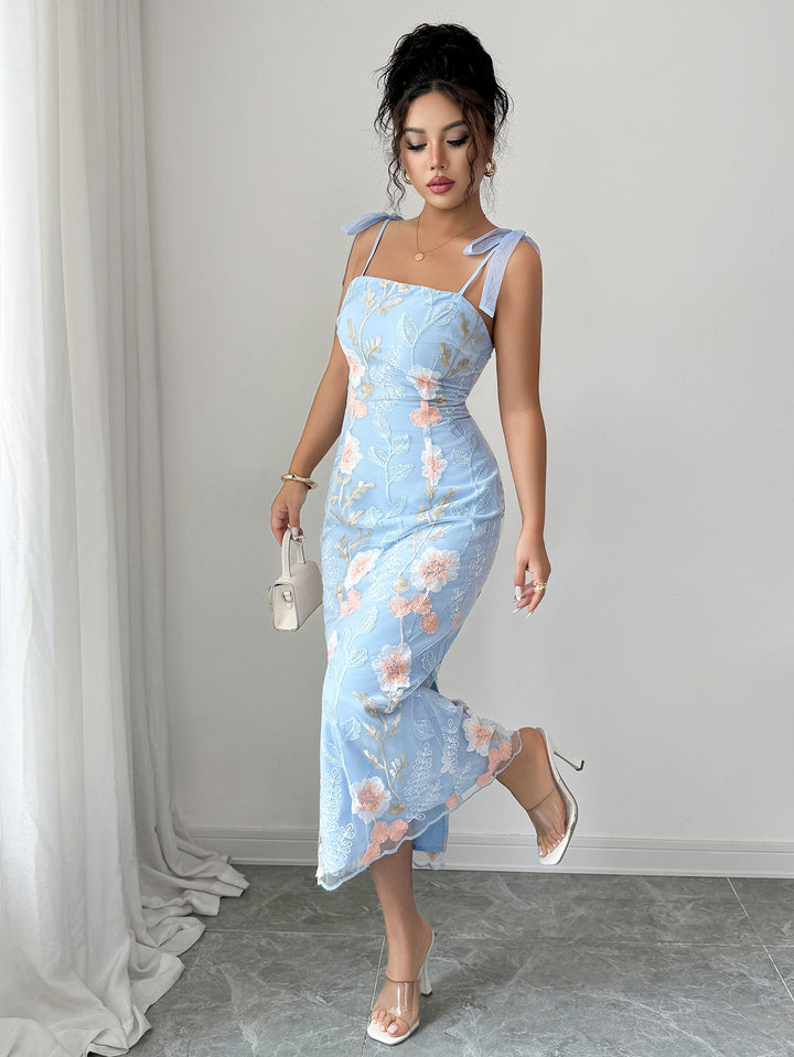 Blue Shoulder Tie Up Embroidered Dress