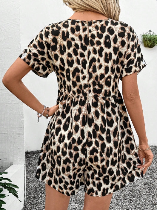 Brown V Neck Bottom Ruffle Animal Print Mini Dress