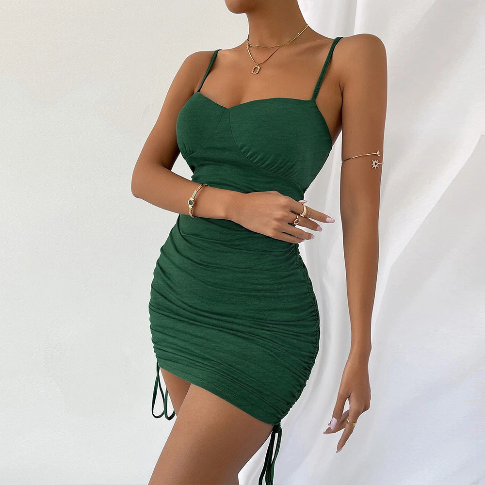 Green Shoulder Strap Side Ruched Dress