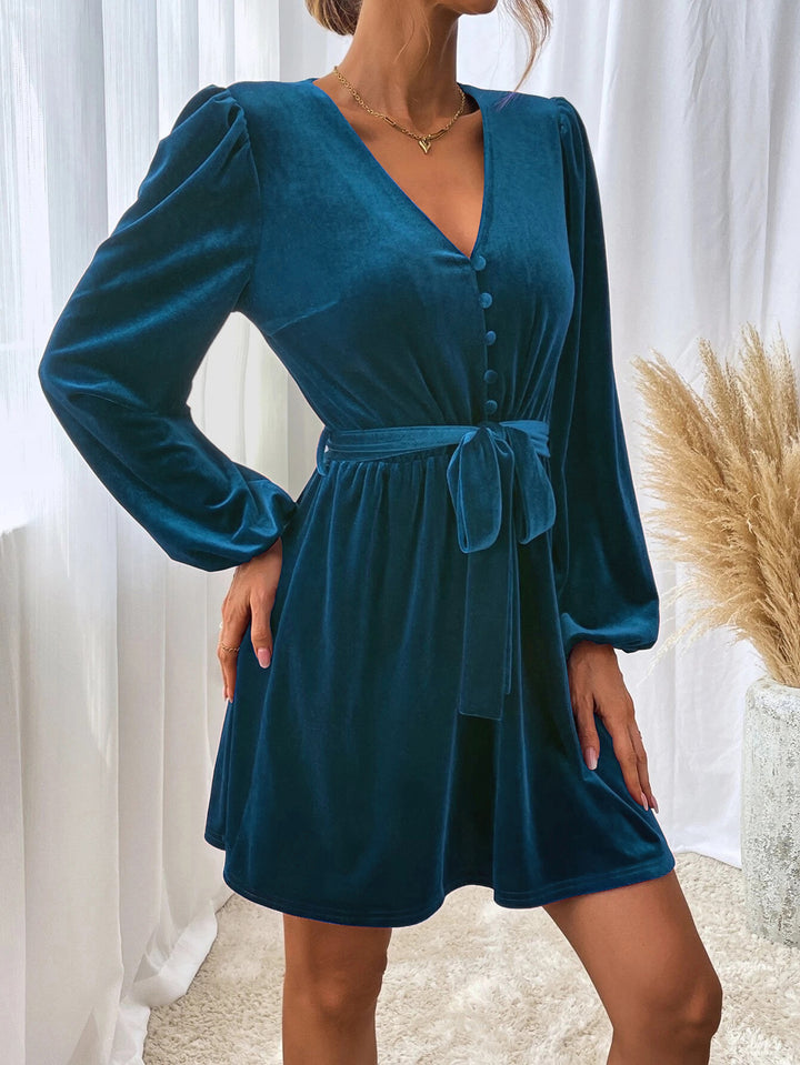 Blue Bishop Sleeve Front Tie-Up Dress