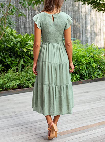 Sea Green Solid Flutter Sleeved And Tiered Dress