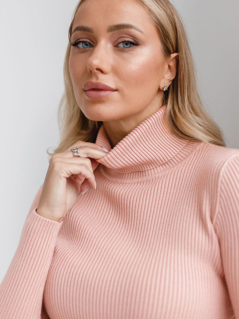 Pink High Neck Fitted Sweater