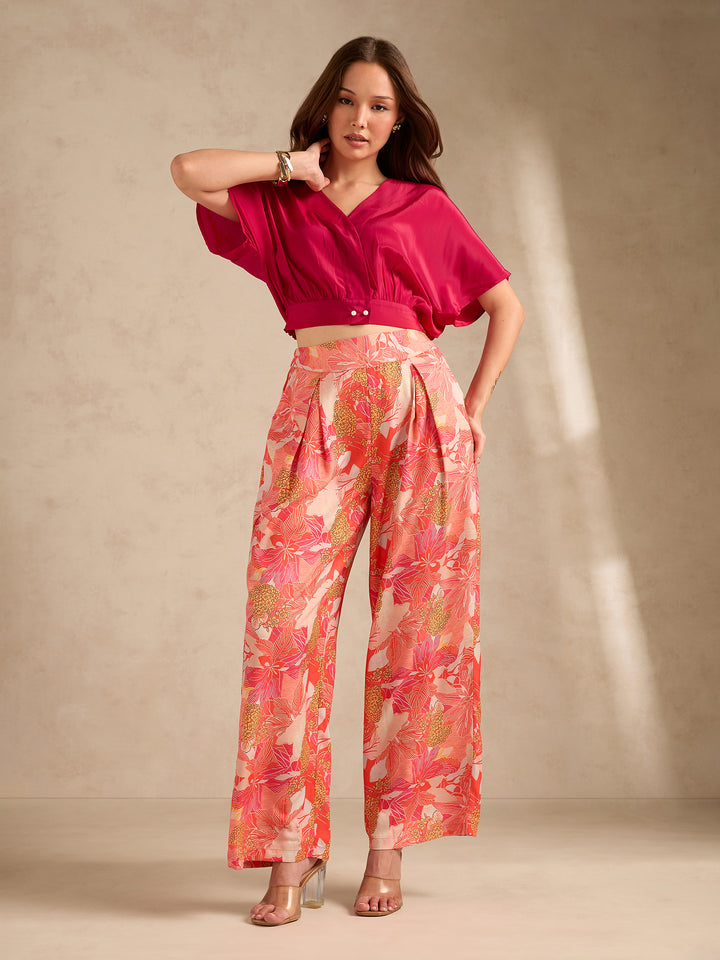 Pink Printed Solid Top With High Rise Wide Leg Trouser Co-Ord Set