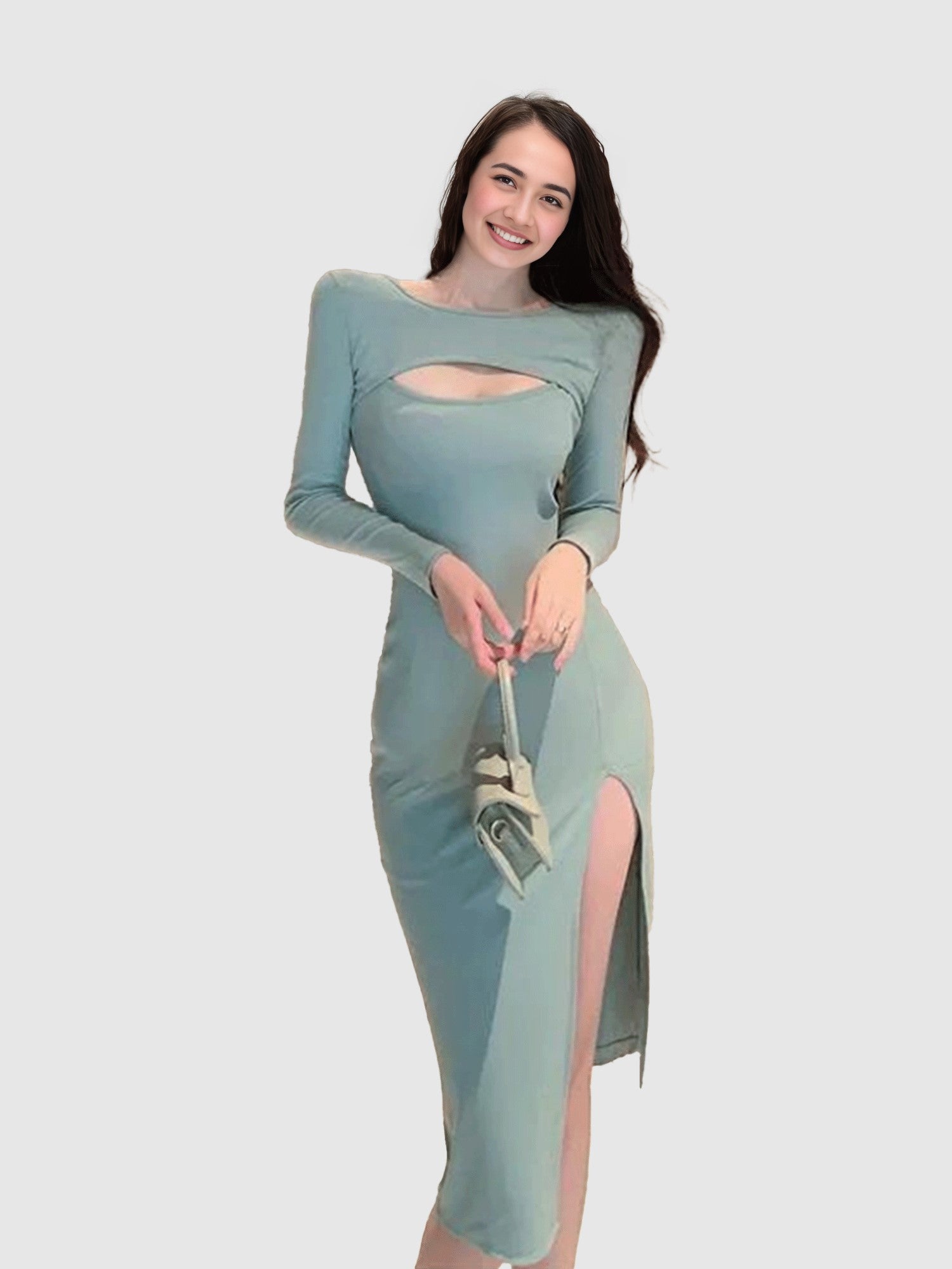 Blue Full Sleeve Cut Out Slit High Midi Dress