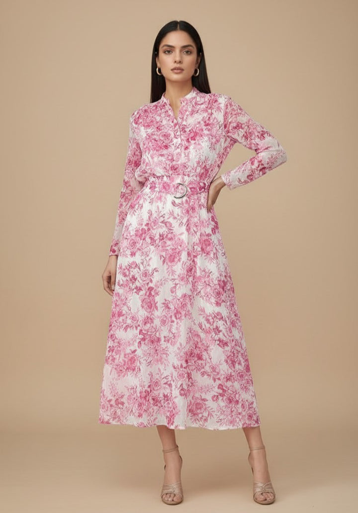Pink Printed Flared Dress With Halter Neck With Belt Detail