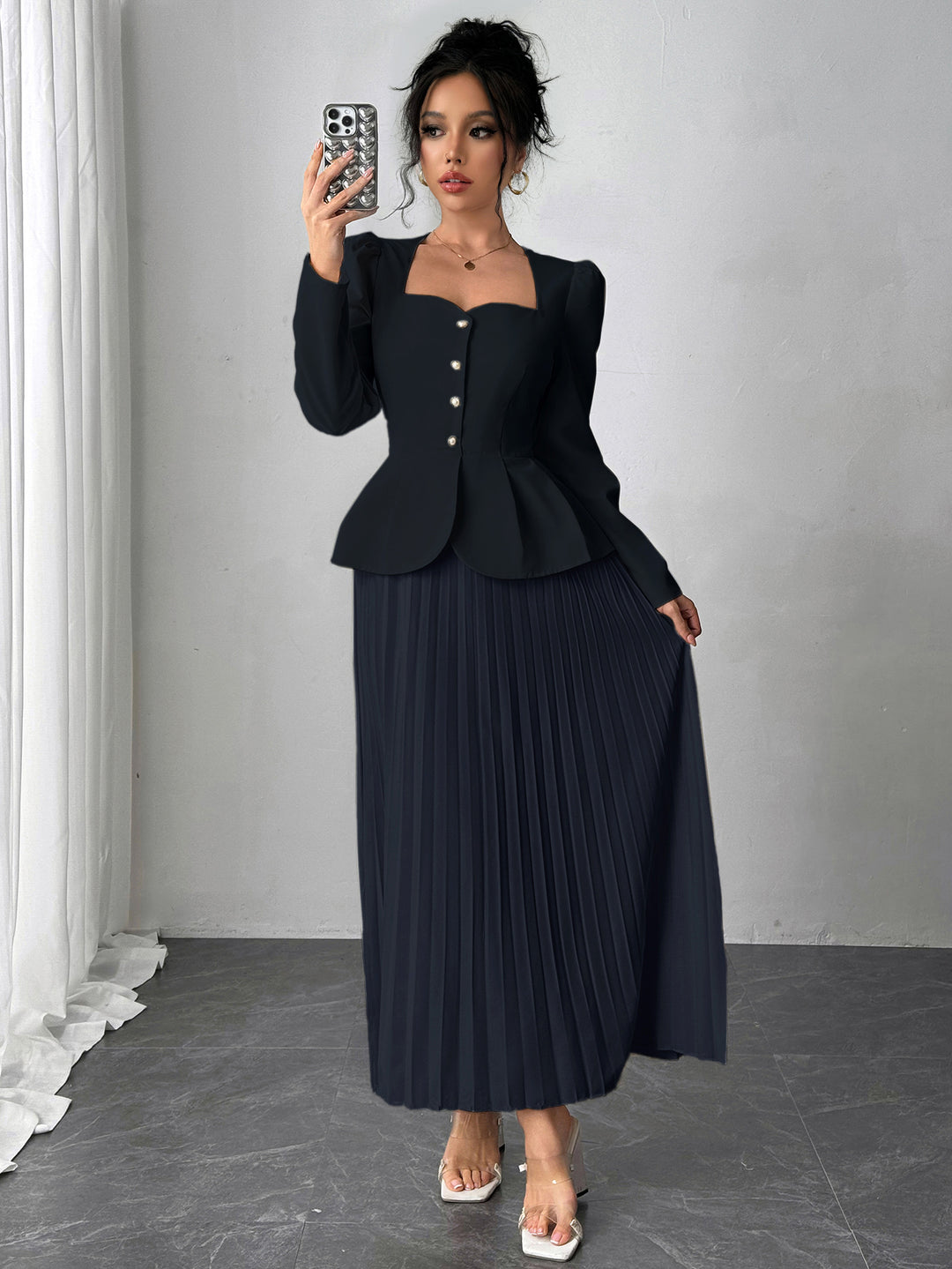 Navy Pleated Blazer Dress