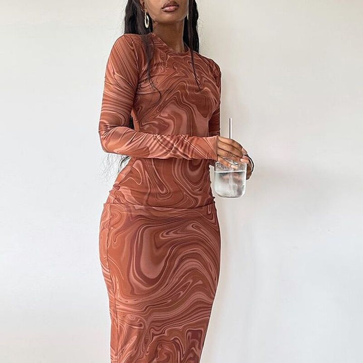 Brown Marble Print Bodycon Dress