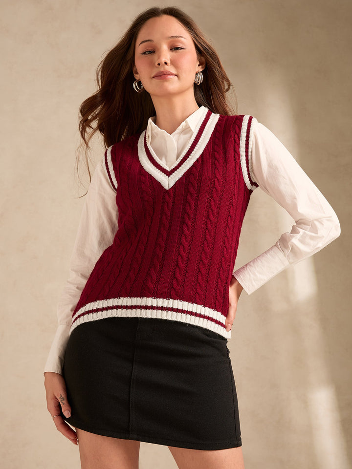 Red Varsity Contrast Tipping Sweater