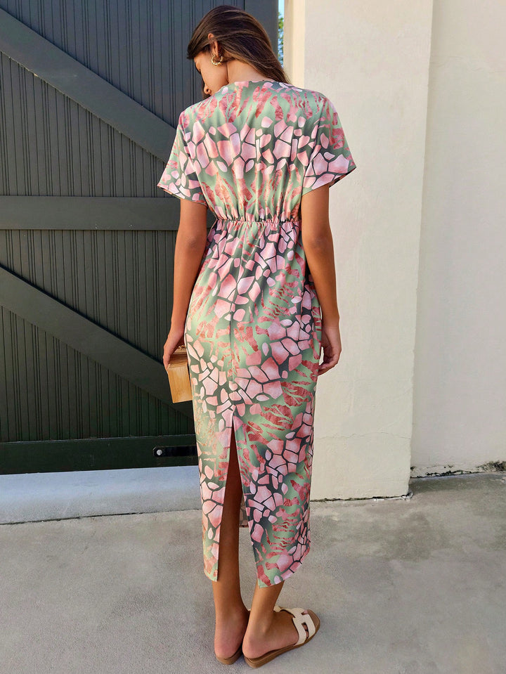 Pink V Neck All Over Print With Back Slit