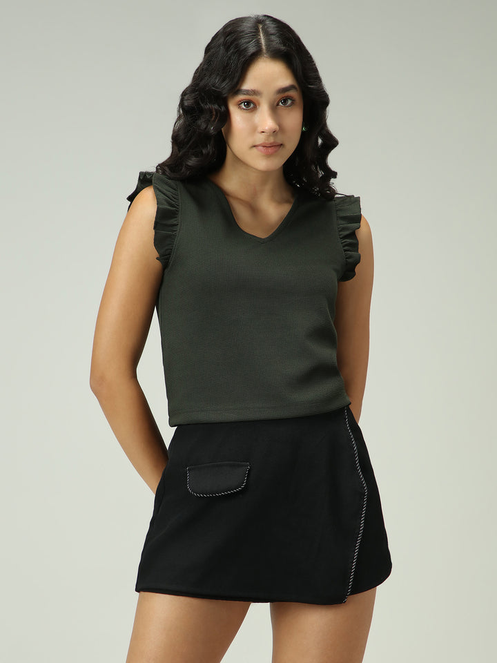 Olive V Neck Ruffled Short Sleeves Top