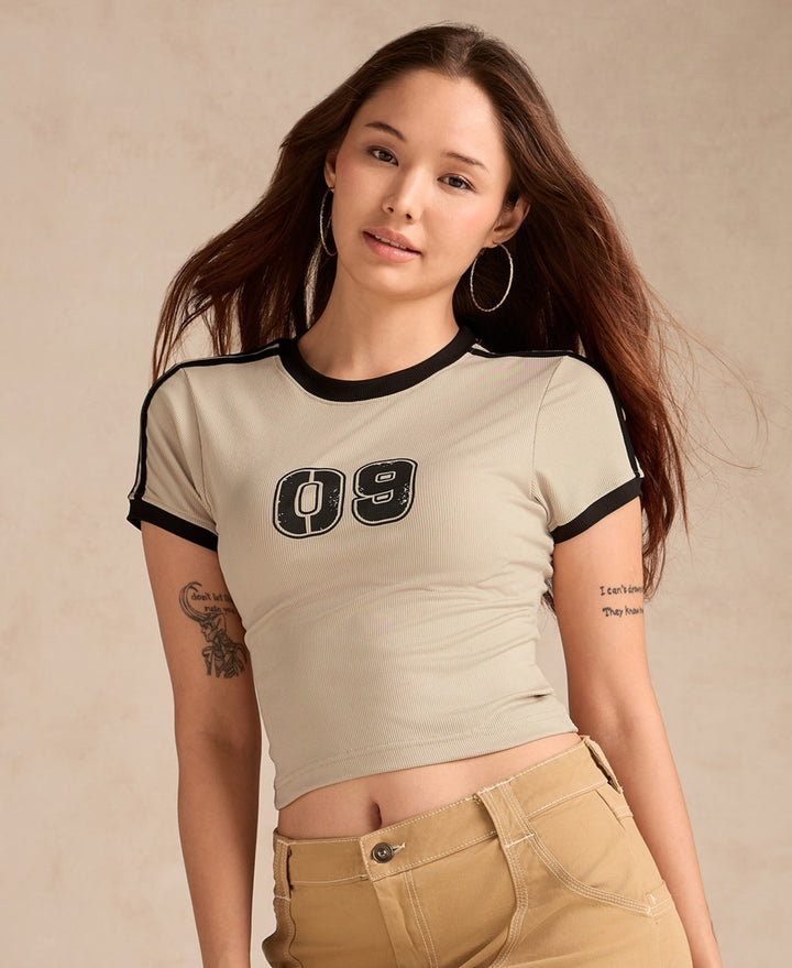 Beige Graphic Fitted T-Shirt