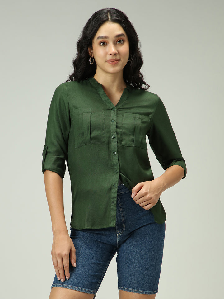 Olive Solid V Neck Shirt