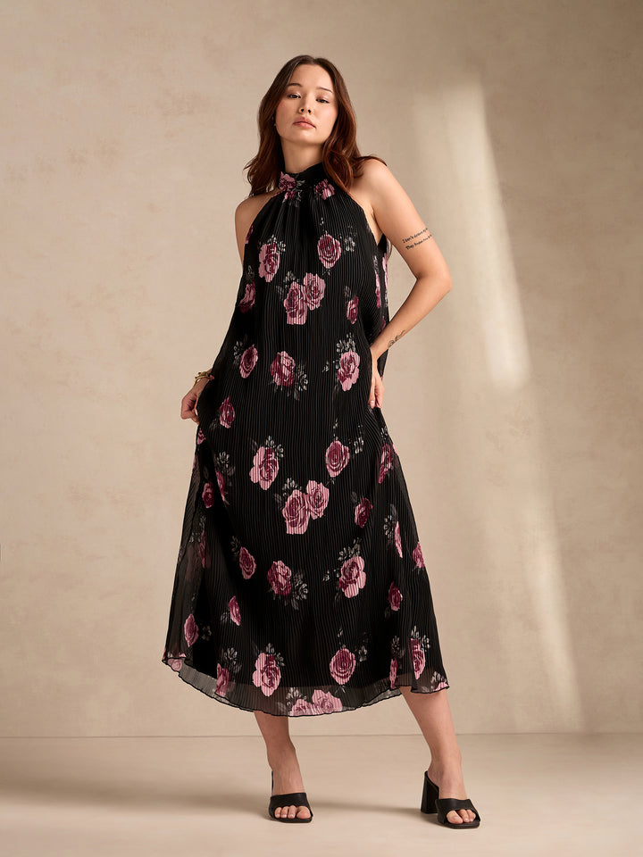 Black Halter Neck Floral Printed Dress