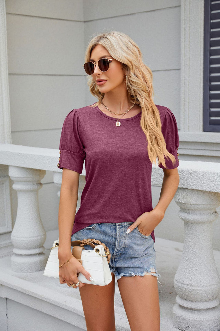 Mauve Puff Sleeves Round Neck Top