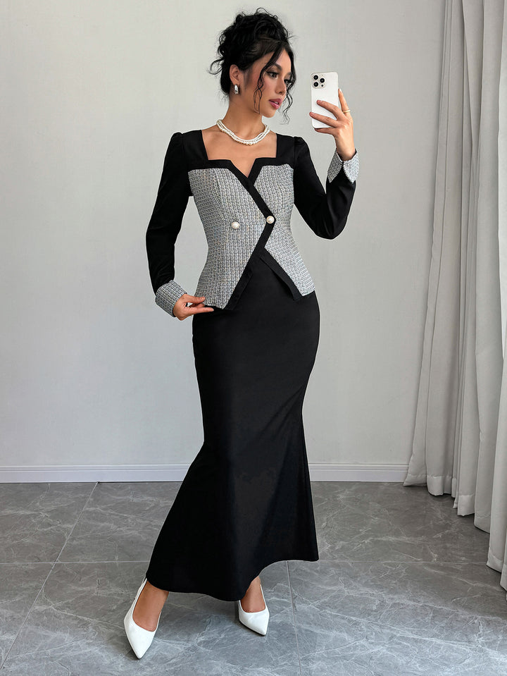 Black Full Sleeve Waist Coat Style Dress