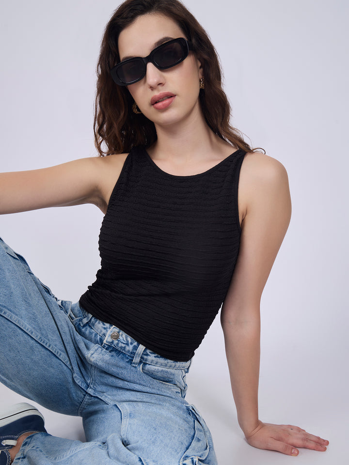 Black Textured Knit Halter Neck Tank Top