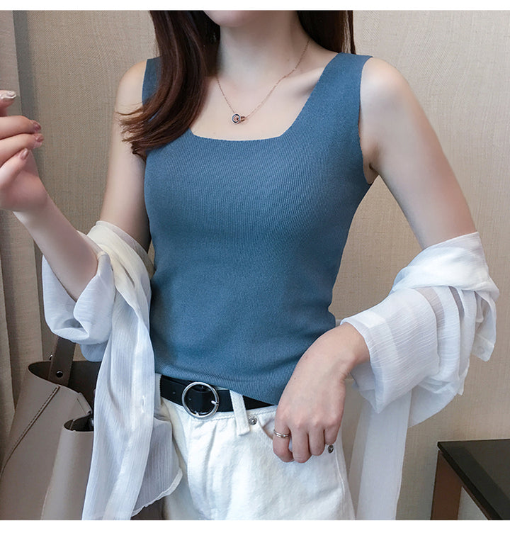 Blue Square Neck Wide Strapped Tank Top