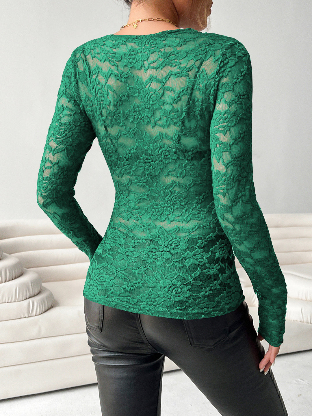 Green Full Sleeve Plunging Neck Mesh Top