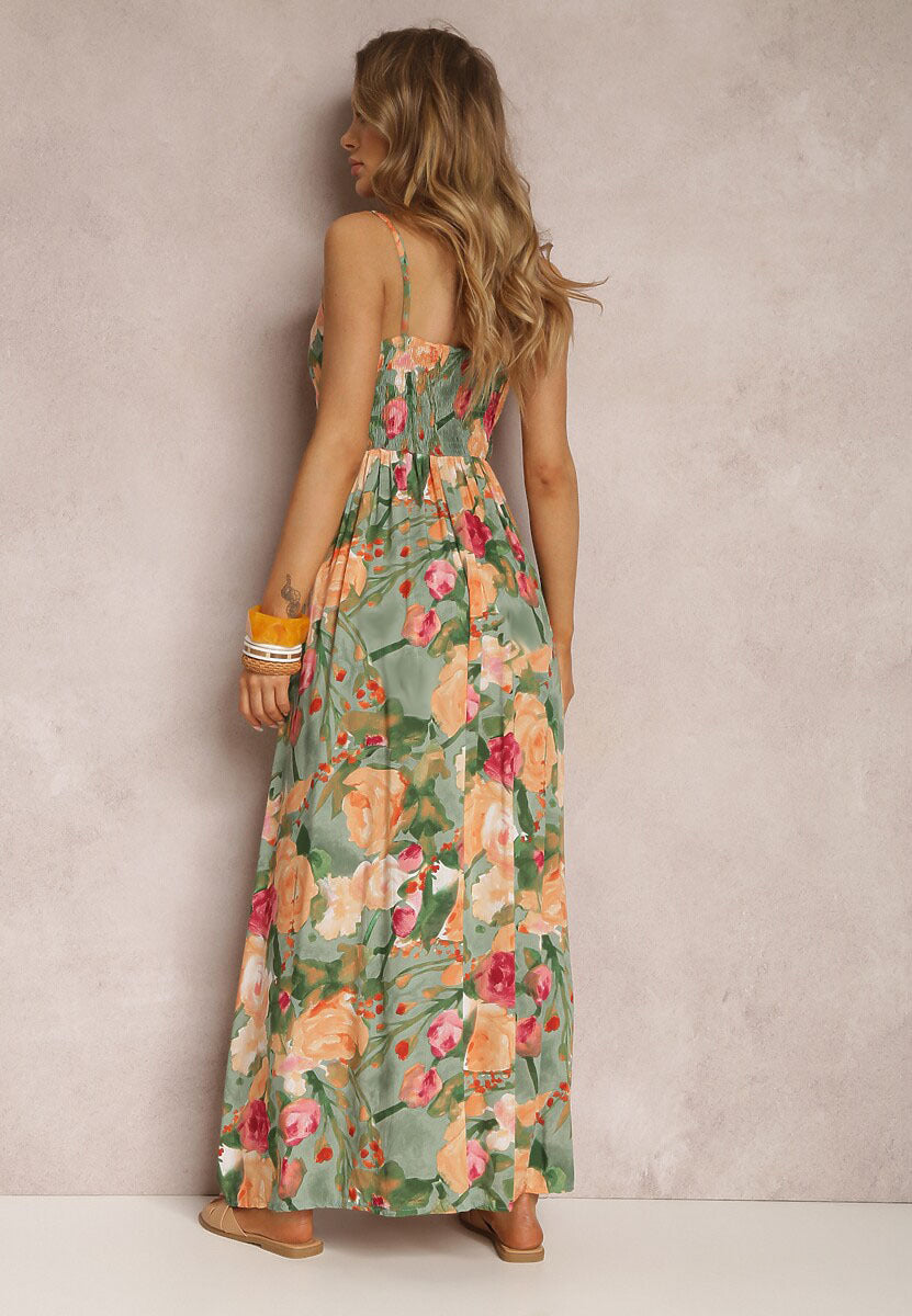 Green Shoulder Strap V Neck Printed Dress