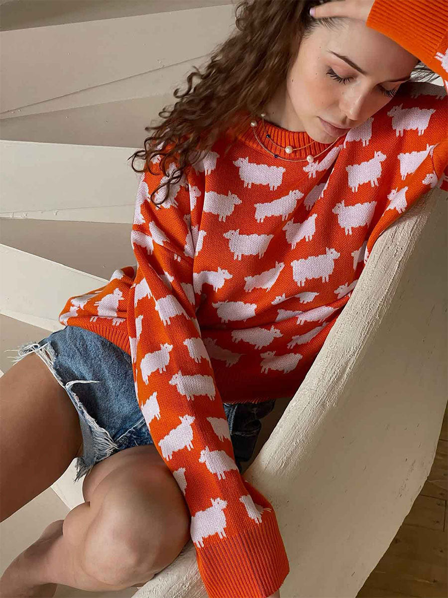 Red Printed Relaxed Sweater