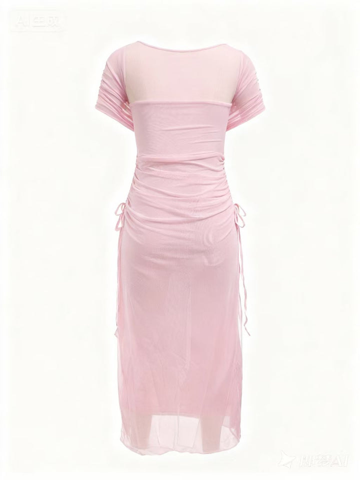 Pink Off Shoulder Mesh Detail Dress