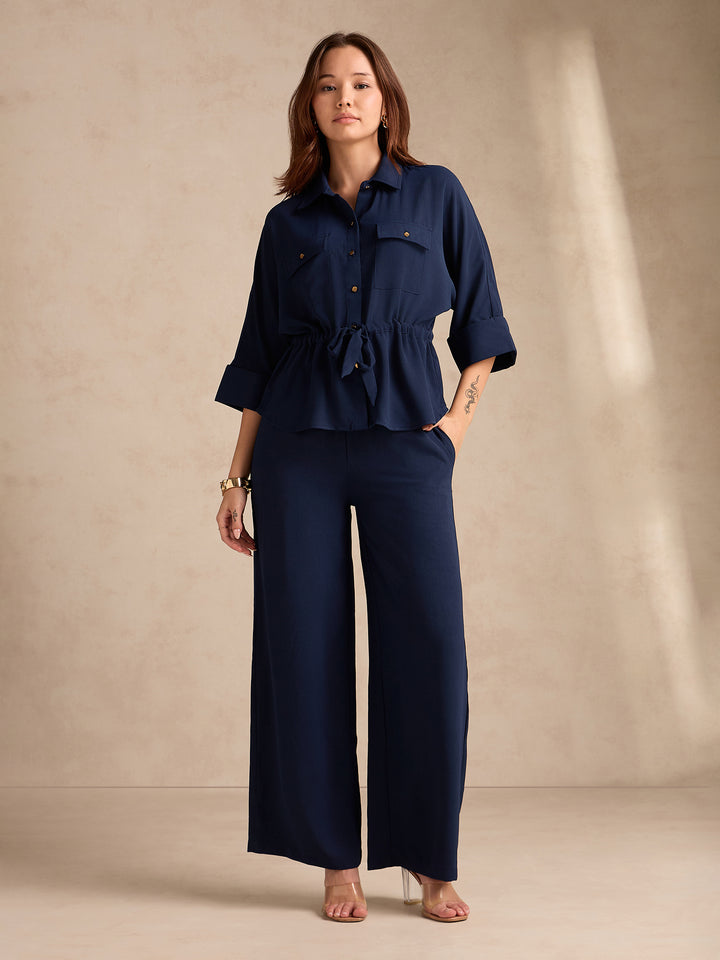 Navy Blue Coord Set With Oversized Utility Shirt With Wide Leg Touser In Elevated Textured Fabric